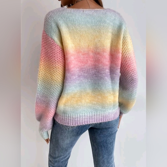 New Soft Pretty Pastel Ombre Nubby Knit Sweater Top Pink Yellow Blue - Picture 4 of 5
